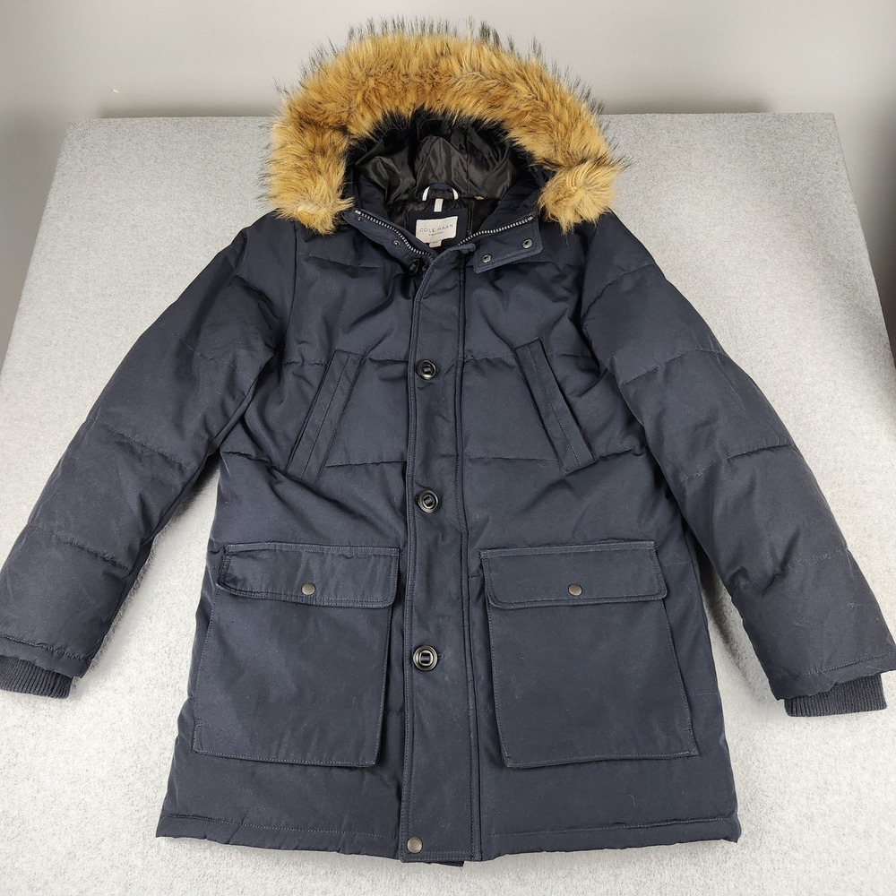 Cole Haan Parka Mens Medium Navy Blue Signature Puffer Faux Fur Hood Winter Coat